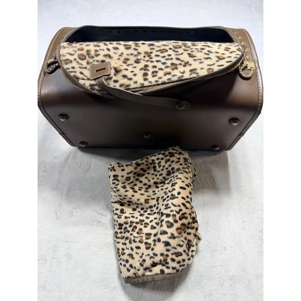 Paul Frank Julius Monkey Pet Carrier Bag Tote Brown Canvas Leopard Print Liner